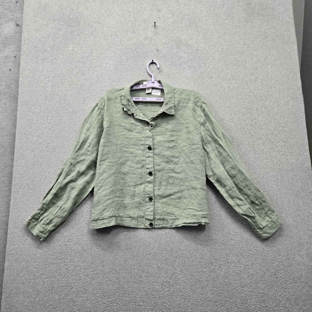 Rachel Zoe Women Button Up Shirt XL Green Linen Collared Front